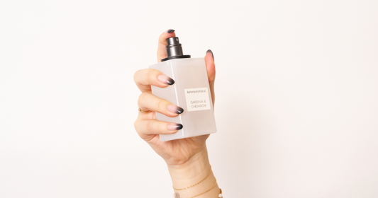 A woman about to spray a Banana Republic perfume.
