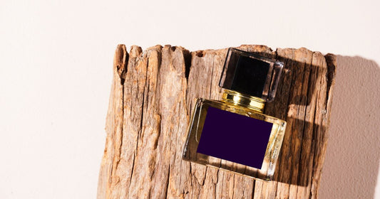 A bottle of woody fragrance on a piece of wood against a cream colored background.