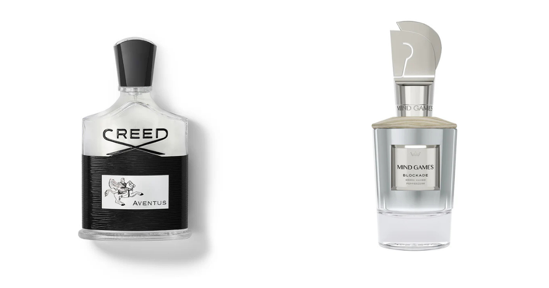 A bottle of Creed Aventue and Mind Games Blockade against a white background.