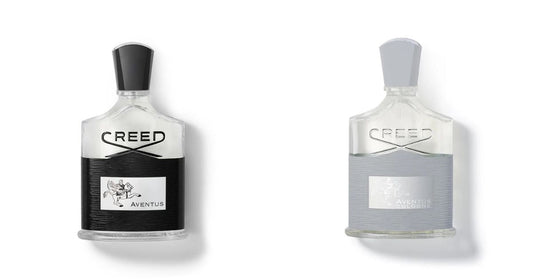 Bottle of Creed Aventus and Aventus Cologne side by side against a white background.